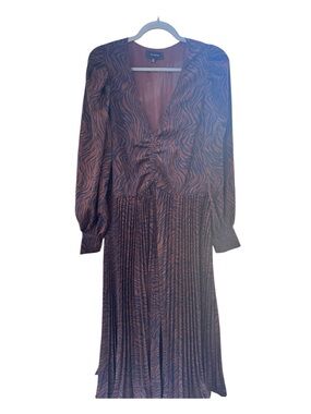 En Saison Brown Zebra-Print Pleated Long Sleeve Dress
